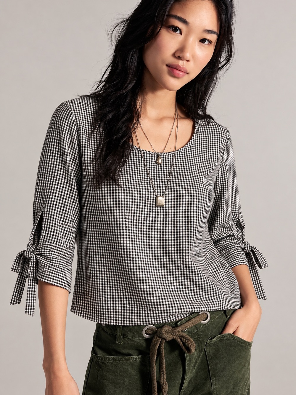 315. Black & White Gingham Tie-Sleeve Women's Top